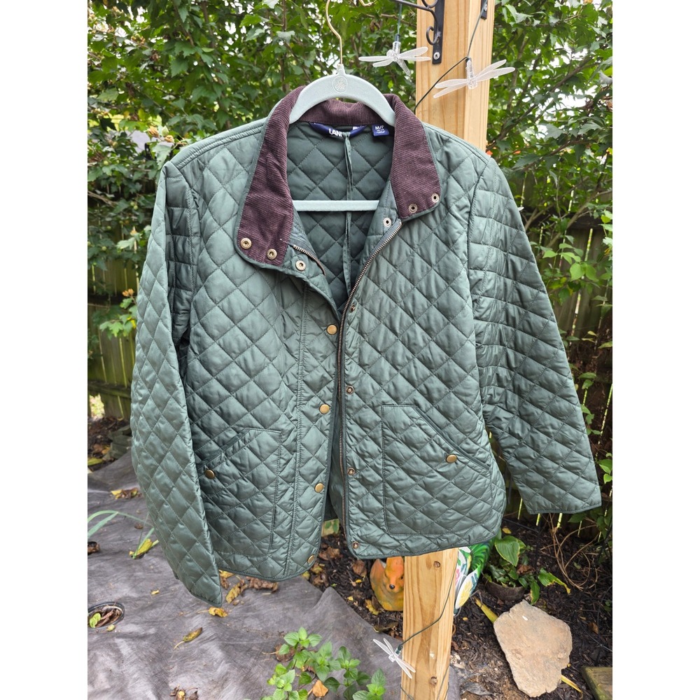 Lands End Quilted Barn Jacket Green Corduroy Trim M 10-12 Pockets Full Zip Snap